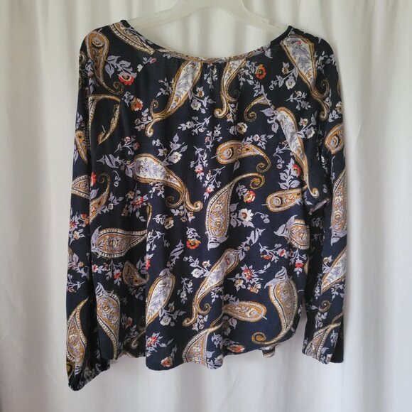 Lucky Brand BOHO Top Peasant Flowy XL blue Cotton Linen Paisley floral Women's - Picture 2 of 10